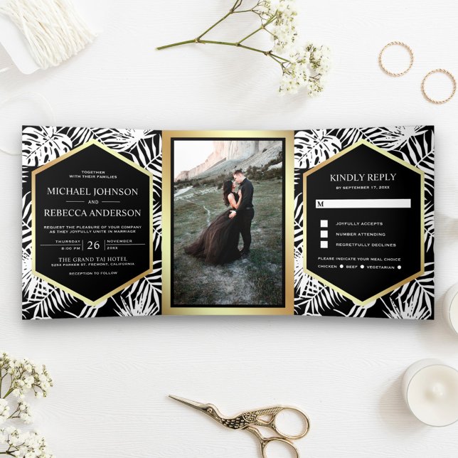 Black and White Gold Foil Tropical Palm Wedding Tri-Fold Invitation (Creator Uploaded)