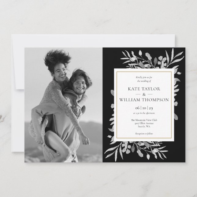 Black And White Gold Foliage Photos Wedding Invita Invitation (Front)