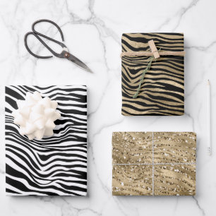 Black and White Gold Glitter Zebra Print Wrapping Paper Sheets