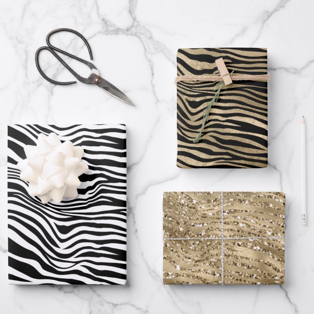 Black and White Gold Glitter Zebra Print Wrapping Paper Sheets (Front)
