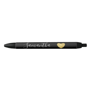 Black and White Gold Heart Personalized Name Pen