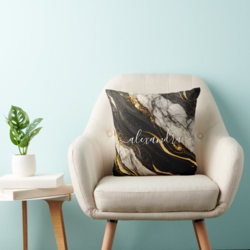 Black and White Gold Marble Modern Elegant Throw Pillow