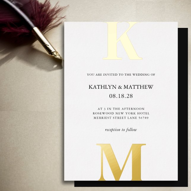 Black and White Gold Modern Bold Monogram Wedding Foil Invitation (Creator Uploaded)