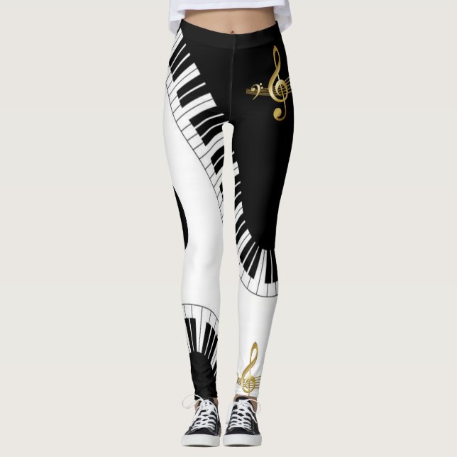 Black and White Gold Music Notes  Leggings (Front)