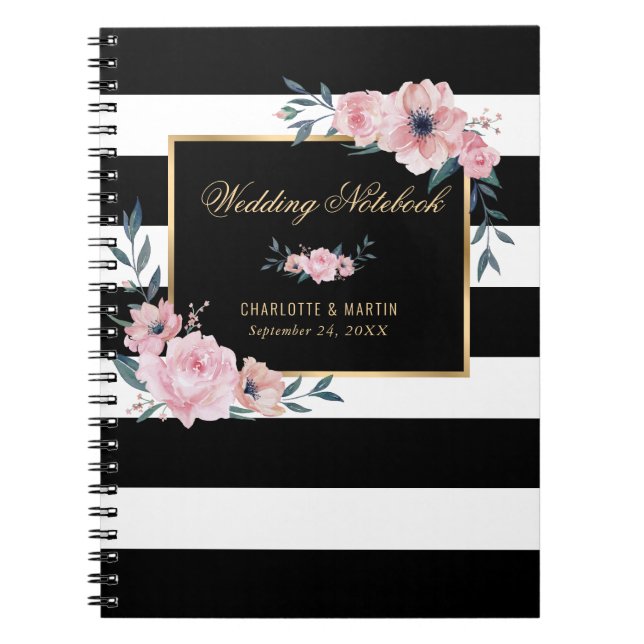 Black and White Gold Pink Floral Wedding  Notebook (Front)