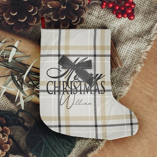Black And White Gold Plaid With Name And Bow Large Christmas Stocking