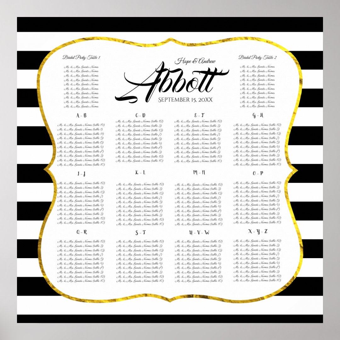 Black and White Gold Seating Chart Alphabetical | Zazzle