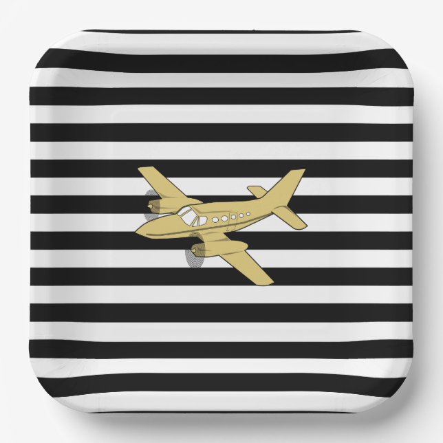 Black and white gold stripes & airplane paper plates (Front)