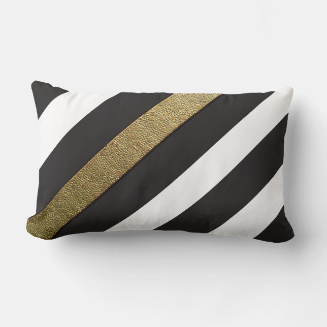 Black and White Gold Stripes Throw Pillow Lumbar (Front)