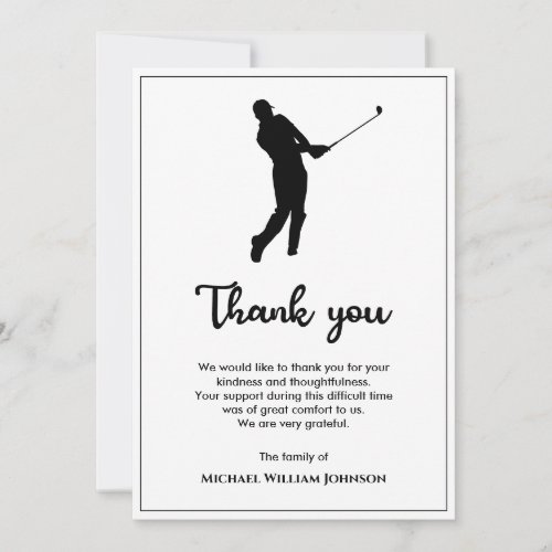 Black And White Golf Player Funeral Memorial Thank You Card