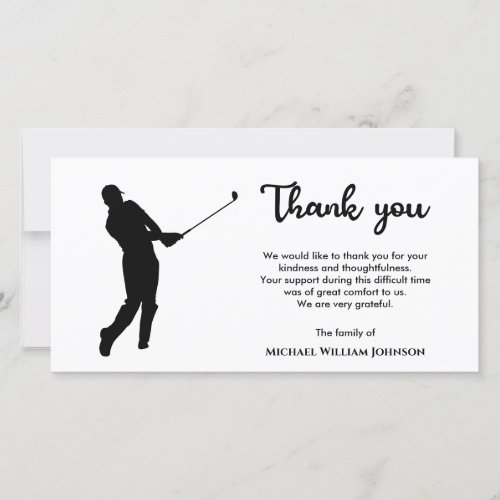 Black And White Golf Player Memorial Funeral Thank You Card