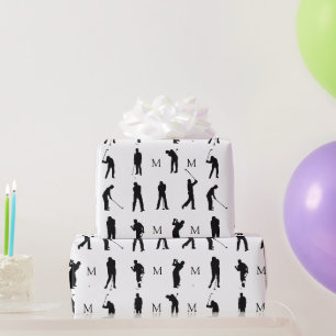 Black and White Golf Players Silhouette Monogram Wrapping Paper