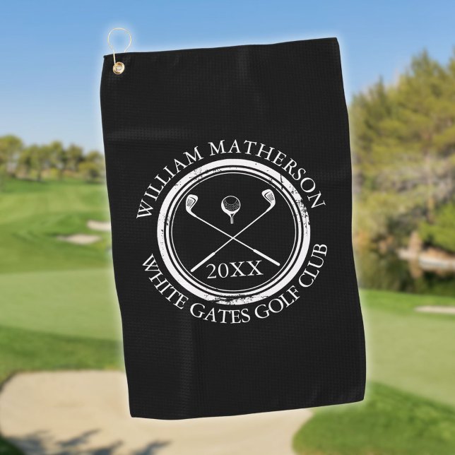 Black and White Golfer's And Club Name Date Golf Towel (Black and White Golfer's And Club Name Date Golf Towel)