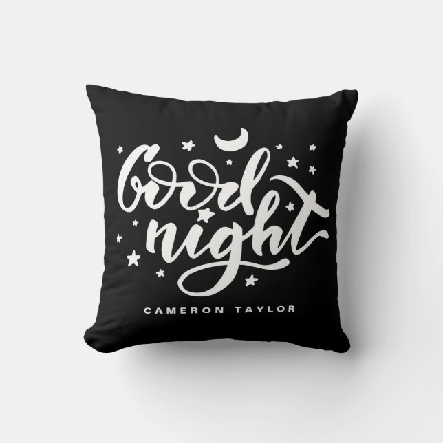 Black and White Good Night Typography Nursery Throw Pillow (Front)