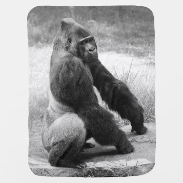 Black and White Gorilla Baby Blanket Jungle Animal (Front)