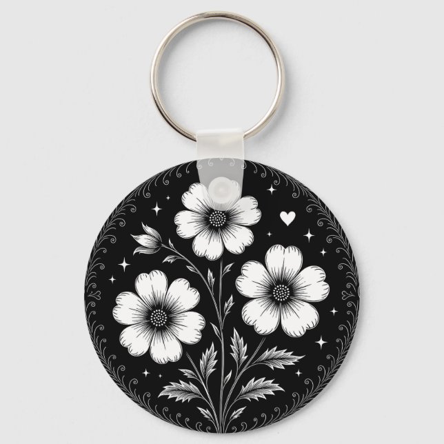 Black and White Goth Flowers Keychain (Front)