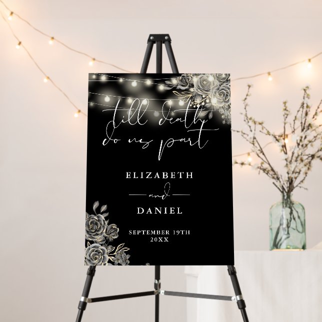 Black And White Goth Roses Lights Wedding Sign (In Situ (Stand))