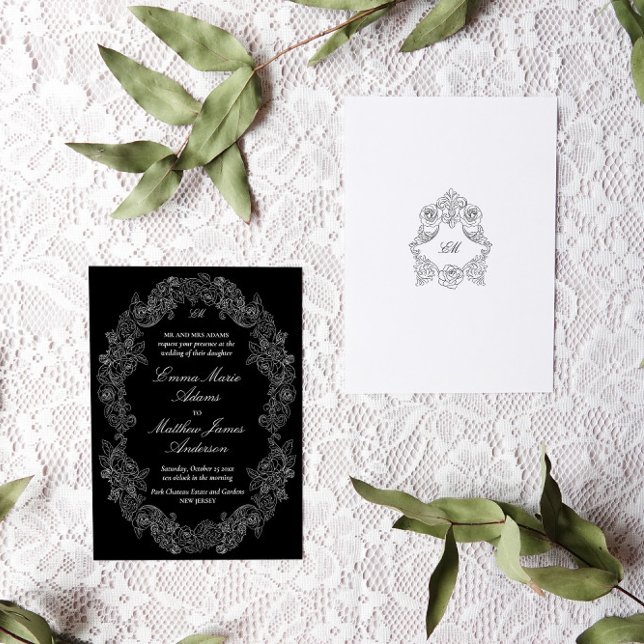 Black and White Gothic Antique Classic Wedding Invitation (black and white gothic wedding invitation with victorian rococo botanical frames and monogram crests)