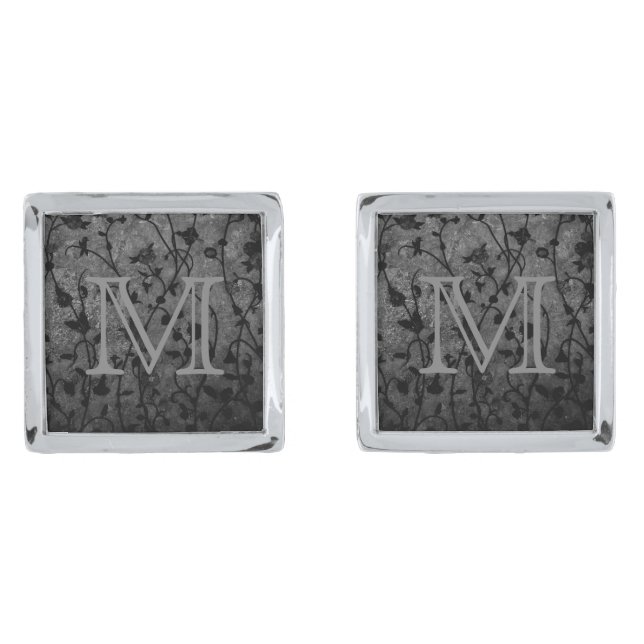 Black and White Gothic Antique Floral Monogram Cufflinks (Front)