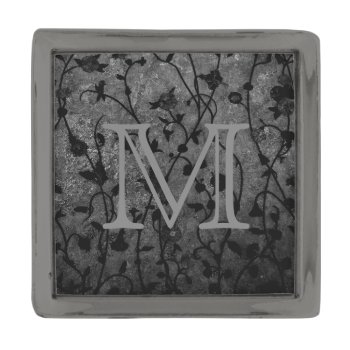Black And White Gothic Antique Floral Monogram Gunmetal Finish Lapel Pin by LouiseBDesigns at Zazzle