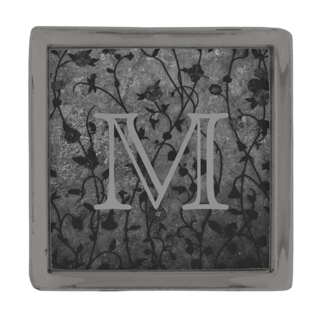 Black and White Gothic Antique Floral Monogram Gunmetal Finish Lapel Pin (Front)