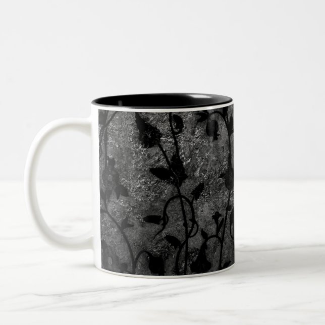 Black and White Gothic Antique Floral Two-Tone Coffee Mug (Left)