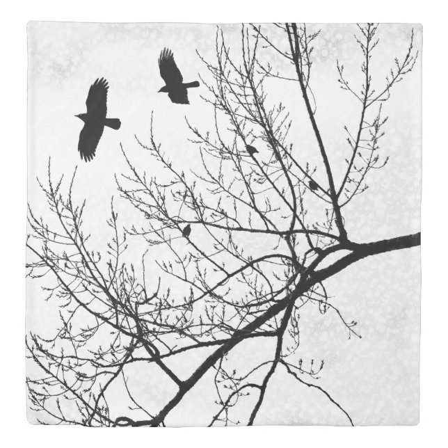 Black and White Gothic Crows and Birds in Tree Duvet Cover (Front)