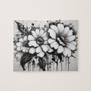 Black and White Gothic Daisies Bleeding Ink Jigsaw Puzzle