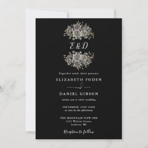 Black And White Gothic Floral Monogram Wedding Invitation