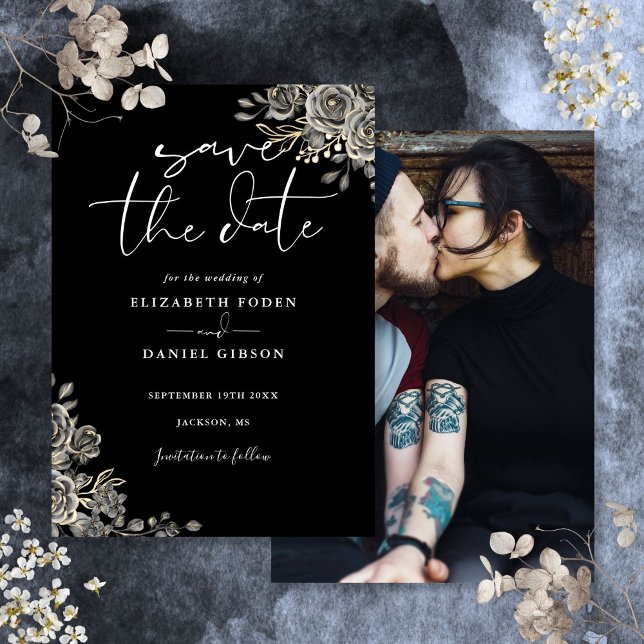 Black And White Gothic Floral Photo Wedding Save The Date (Black And White Gothic Floral Photo Wedding Save The Date)