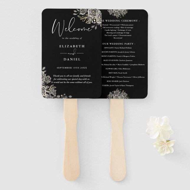Black And White Gothic Floral Wedding Program Hand Fan (Front and Back)