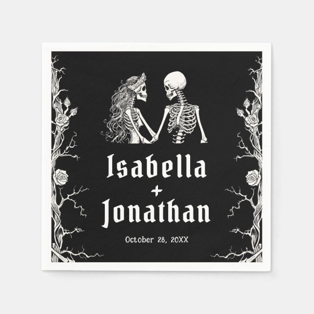 Black and White Gothic Halloween Skeletons Wedding Napkins (Front)