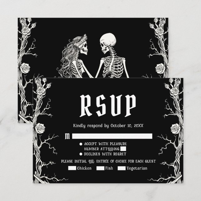 Black and White Gothic Halloween Skeletons Wedding RSVP Card (Front/Back)