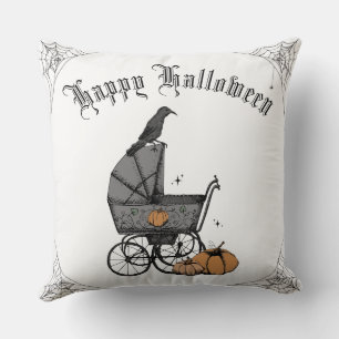 Black and White Gothic Happy Halloween Throw Pillow