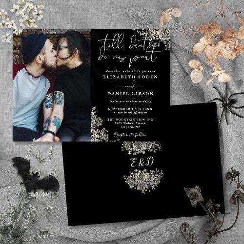 Black And White Gothic Roses Floral Photo Wedding Invitation