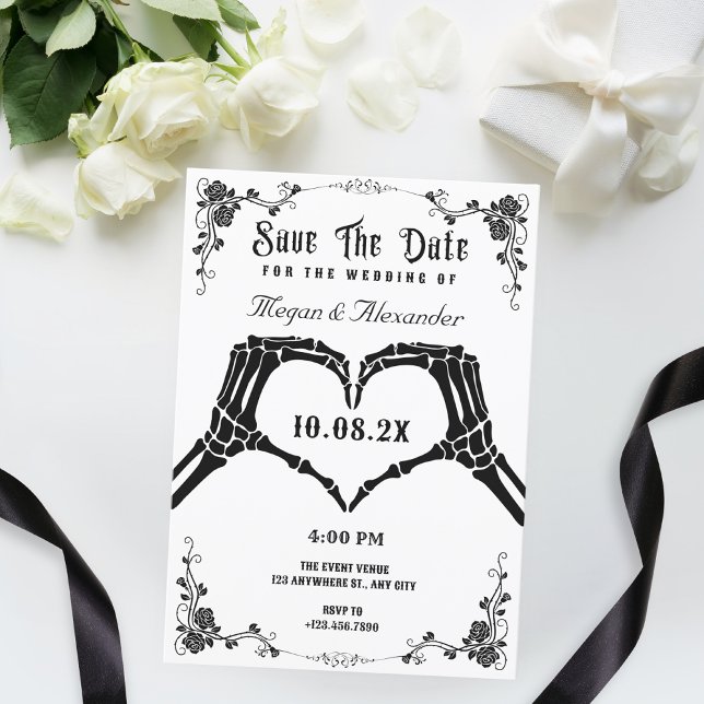 Black and white gothic skeleton photo wedding  save the date (Creator Uploaded)