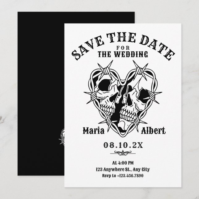 Black and white gothic skull couple wedding save the date (Front/Back)