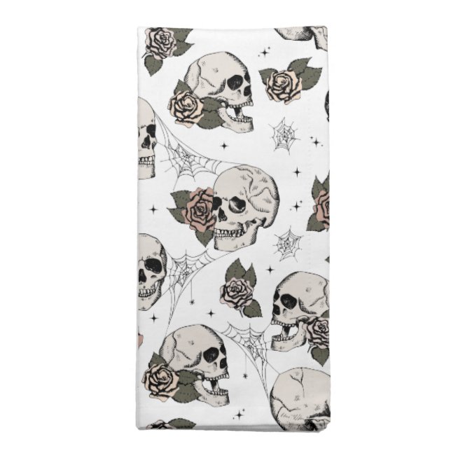 Black and White Gothic Skulls and Roses Halloween Cloth Napkin (Folded)
