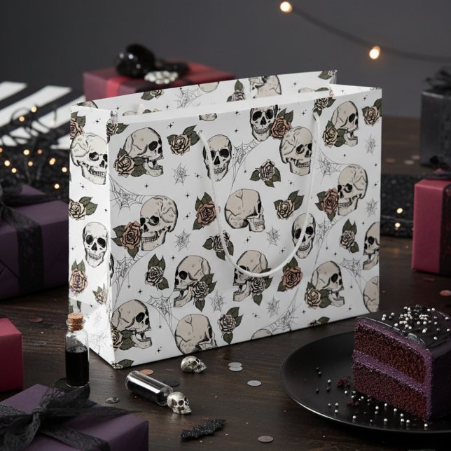 Black and White Gothic Skulls and Roses Halloween Large Gift Bag (White Gothic Floral Skull Gift Bags. Vintage Hand Drawn Skulls Roses in Black. Halloween or Birthday)