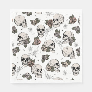 Black and White Gothic Skulls and Roses Halloween Napkins
