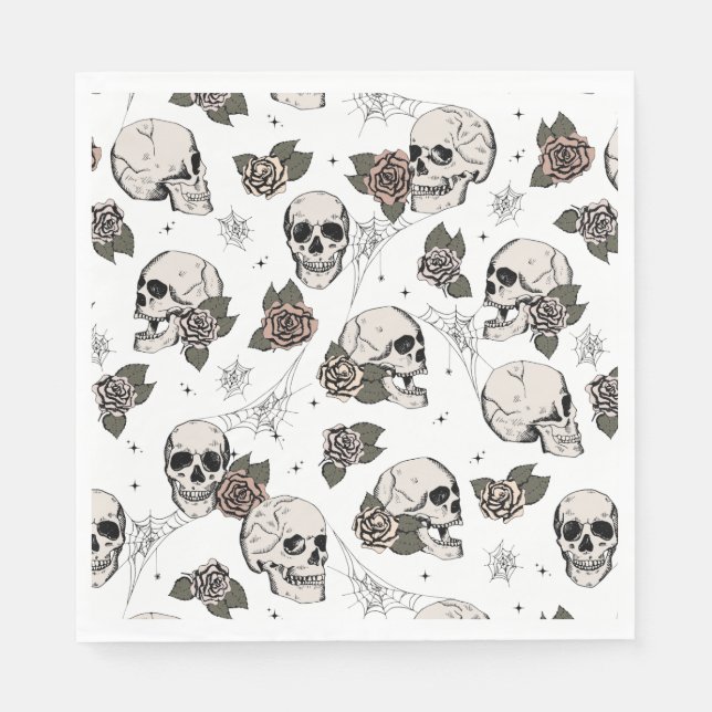 Black and White Gothic Skulls and Roses Halloween Napkins (Front)