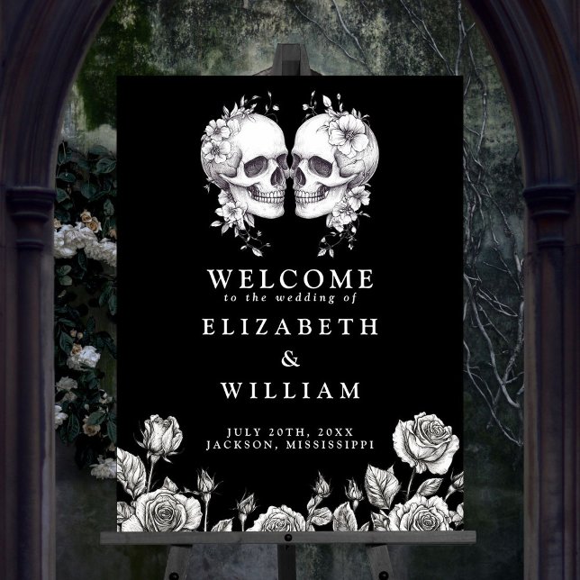 Black And White Gothic Skulls Wedding Welcome Sign (Black And White Gothic Skulls Wedding Welcome Sign)