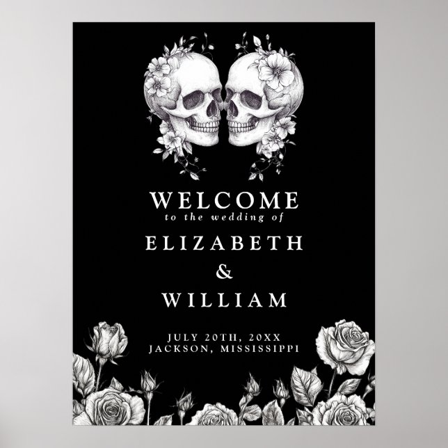 Black And White Gothic Skulls Wedding Welcome Sign (Front)