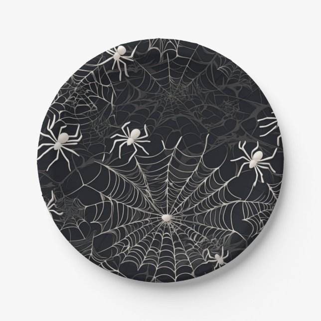 Black and White Gothic Spider web Party  Paper Plates (Front)