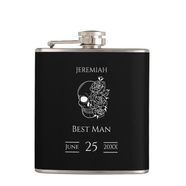 Black and white Gothic Wedding Best Man Flask (Front)