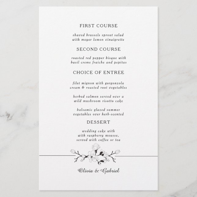 Black and white. Graceful Botanical wedding menu (Front)