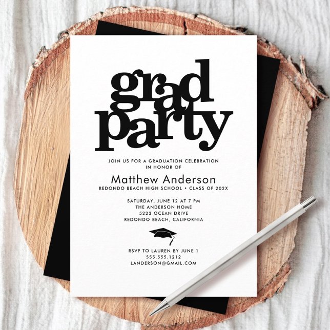 Black and white grad party modern bold typography invitation (Creator Uploaded)