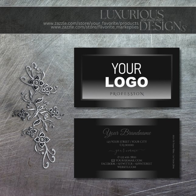 Black and White Gradient Shimmery Frame add Logo Business Card (Creator Uploaded)