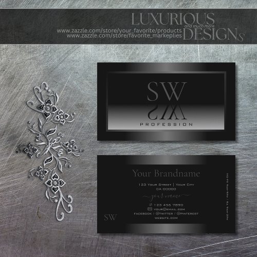 Black and White Gradient Shimmery Frame Monogram Business Card