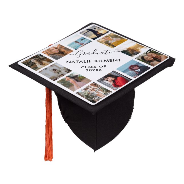 Black and White Graduate Photo Collage Name Graduation Cap Topper (Angled)
